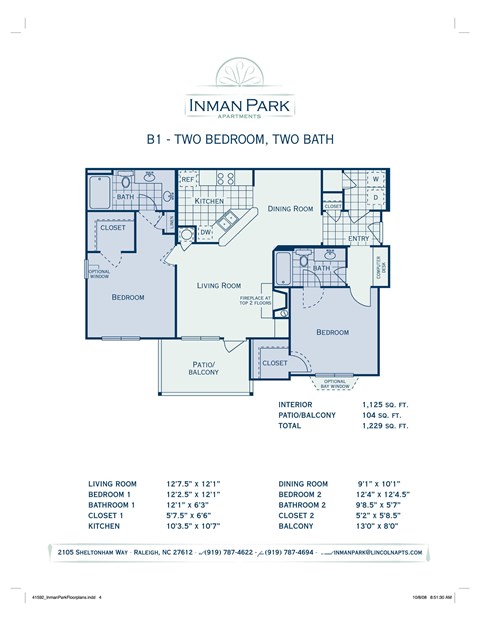 Floor plan for 2 beds, 2 baths, 1125 sqft